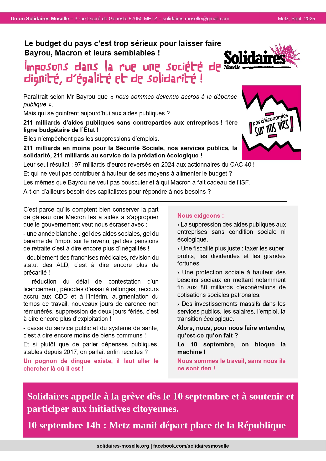 Le budget du pays c’est trop sérieux pour laisser faire Bayrou, Macron et leurs semblables ! Imposons dans la rue une société de dignité, d’égalité et de solidarité !